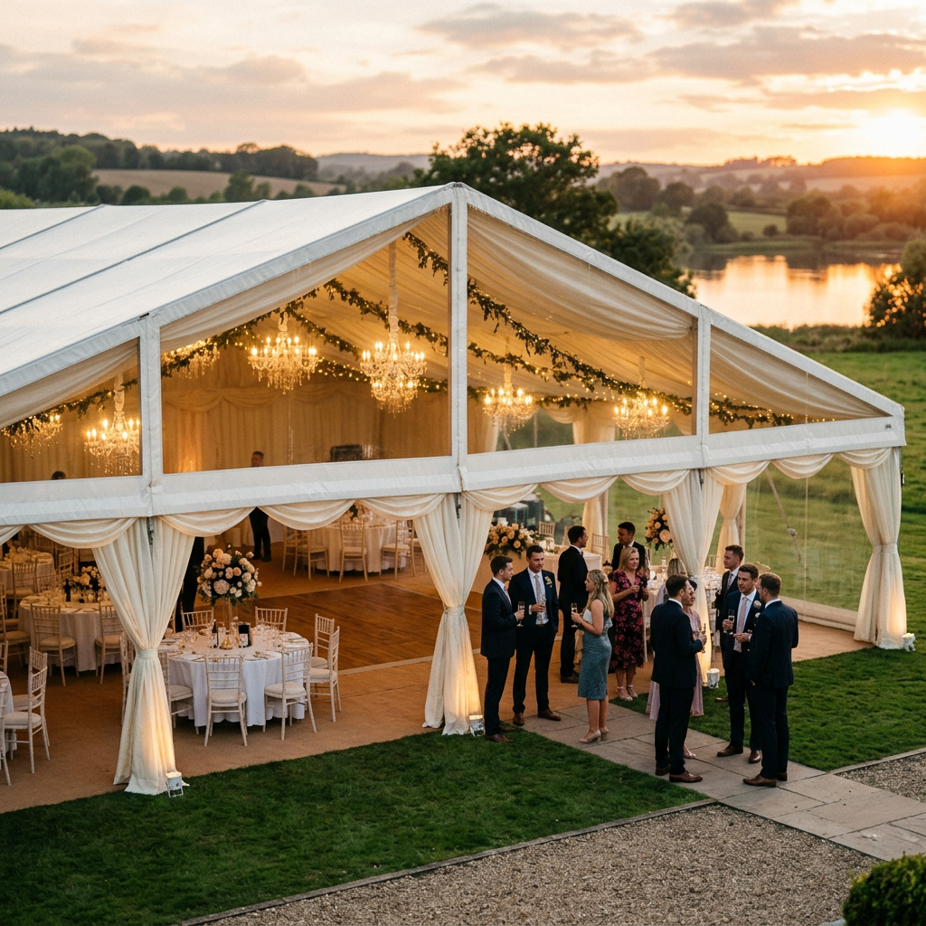 Elegant white wedding tent with chandeliers and guests mingling outside at sunset